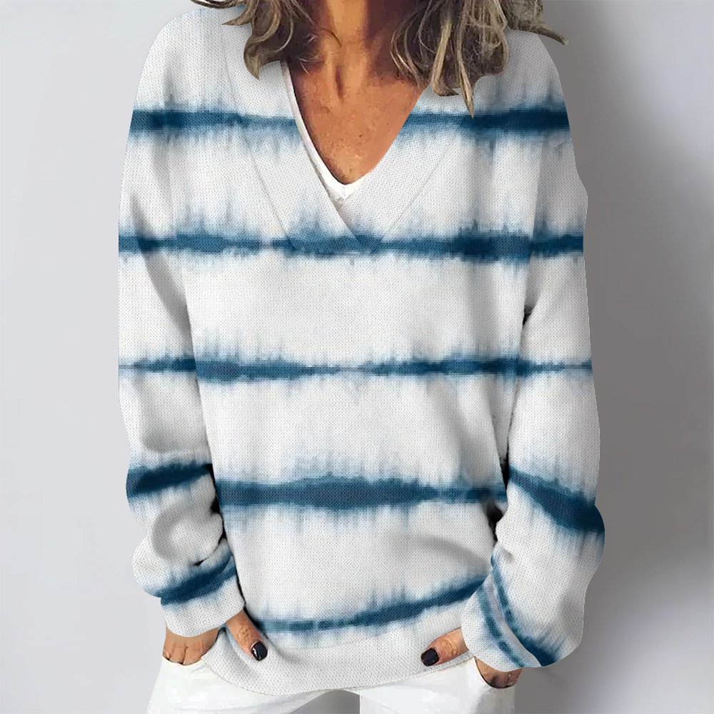 Women's V Neck Striped Vintage Spring/Fall Long Sleeve Sweatshirt