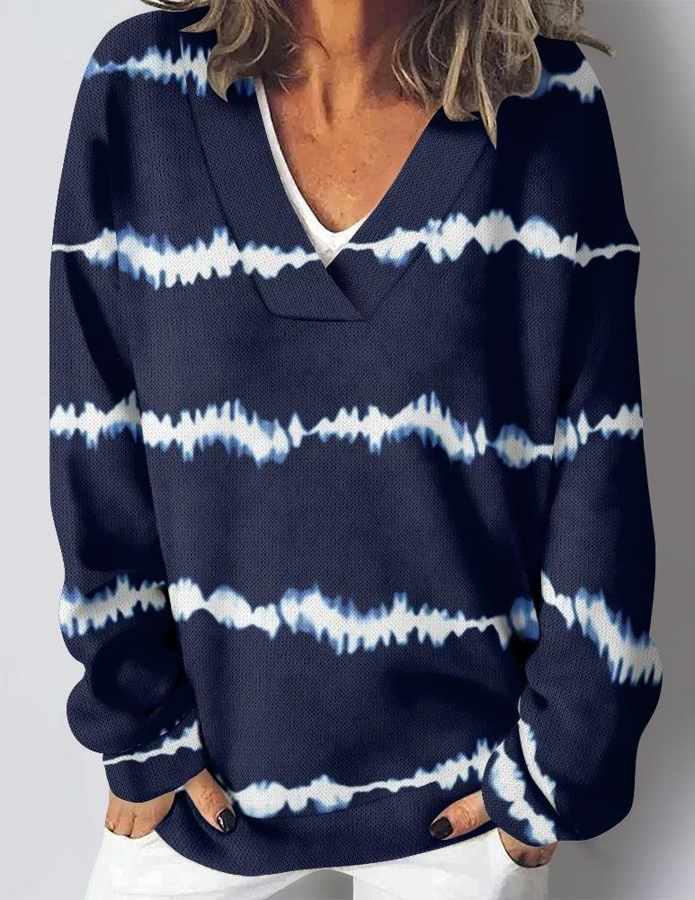 Women's V Neck Striped Vintage Spring/Fall Long Sleeve Sweatshirt