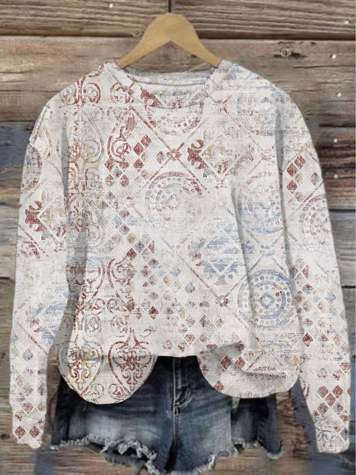 Women's Crew Neck Ethnic Casual Spring/Fall Cotton Long Sleeve Sweatshirt