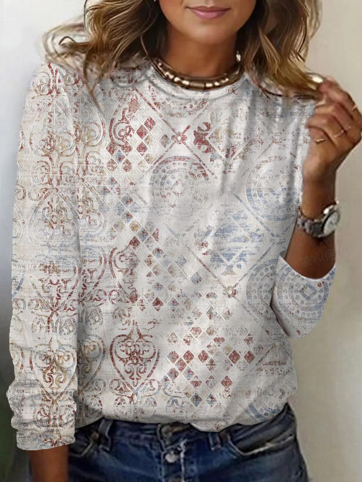 Women's Long Sleeve Tee T-shirt Spring/Fall Ethnic Jersey Crew Neck Daily Going Out Casual Top