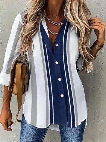 Women's Long Sleeve Shirt Spring/Fall Striped Shirt Collar Daily Going Out Casual Top