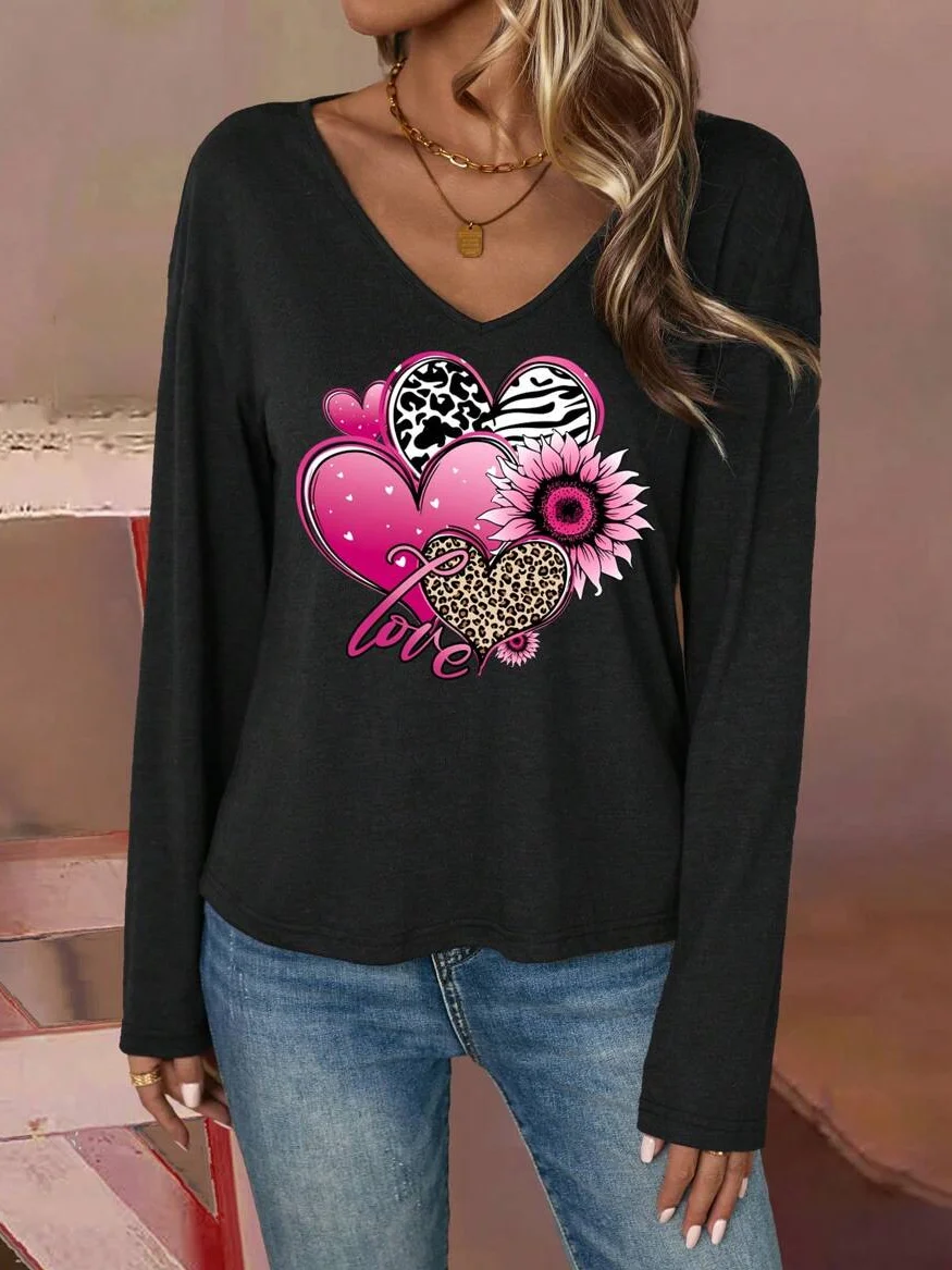 Women's Long Sleeve Tee T-shirt Spring/Fall Heart/Cordate Jersey V Neck Daily Going Out Casual Top