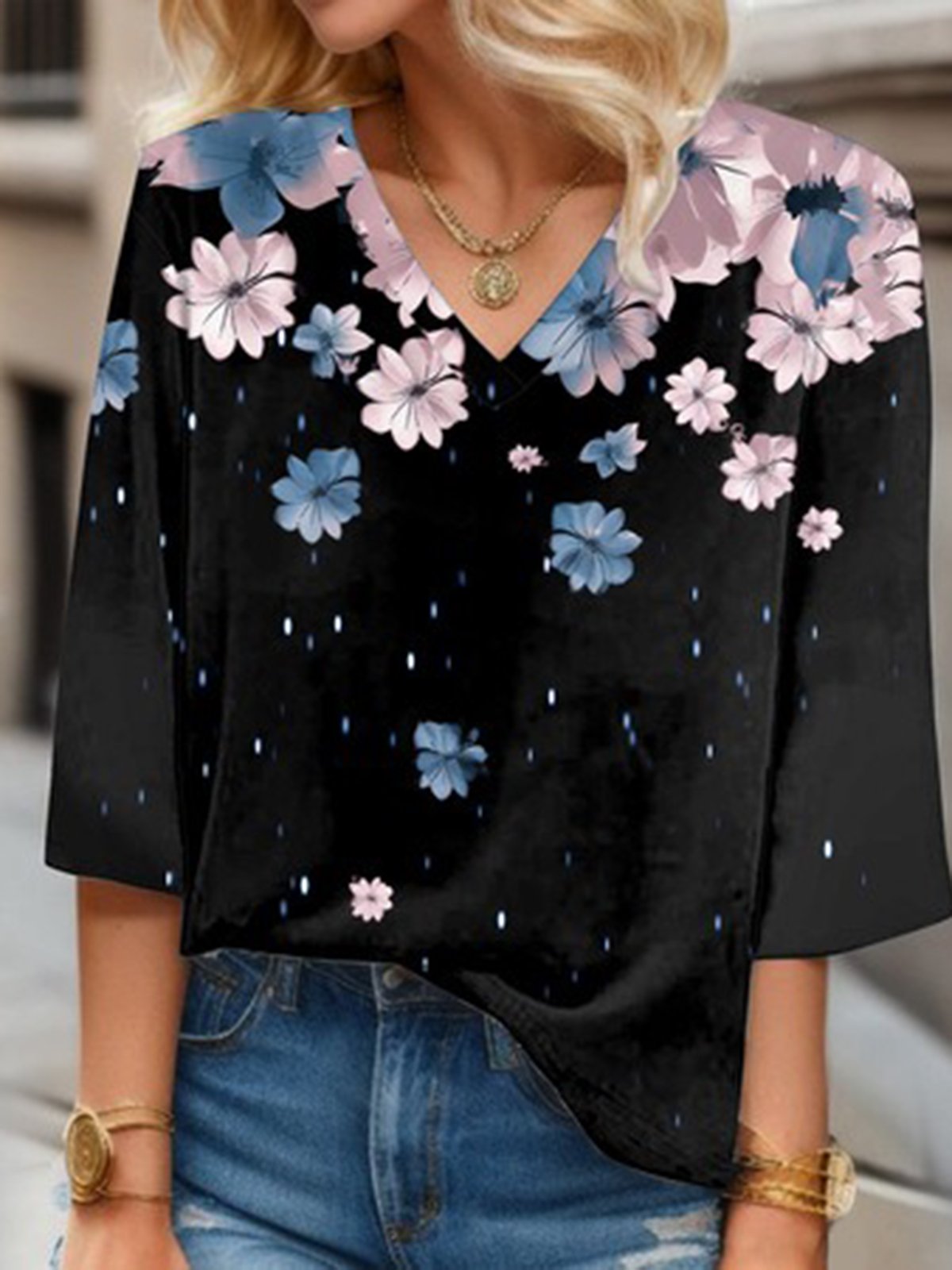 Women's Three Quarter Sleeve Blouse Spring/Fall Floral V Neck Daily Going Out Casual Top