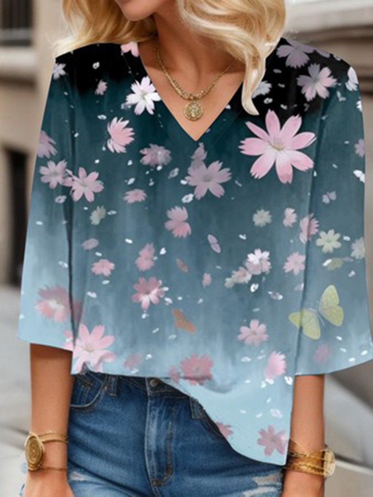 Women's Three Quarter Sleeve Blouse Spring/Fall Floral V Neck Daily Going Out Casual Top