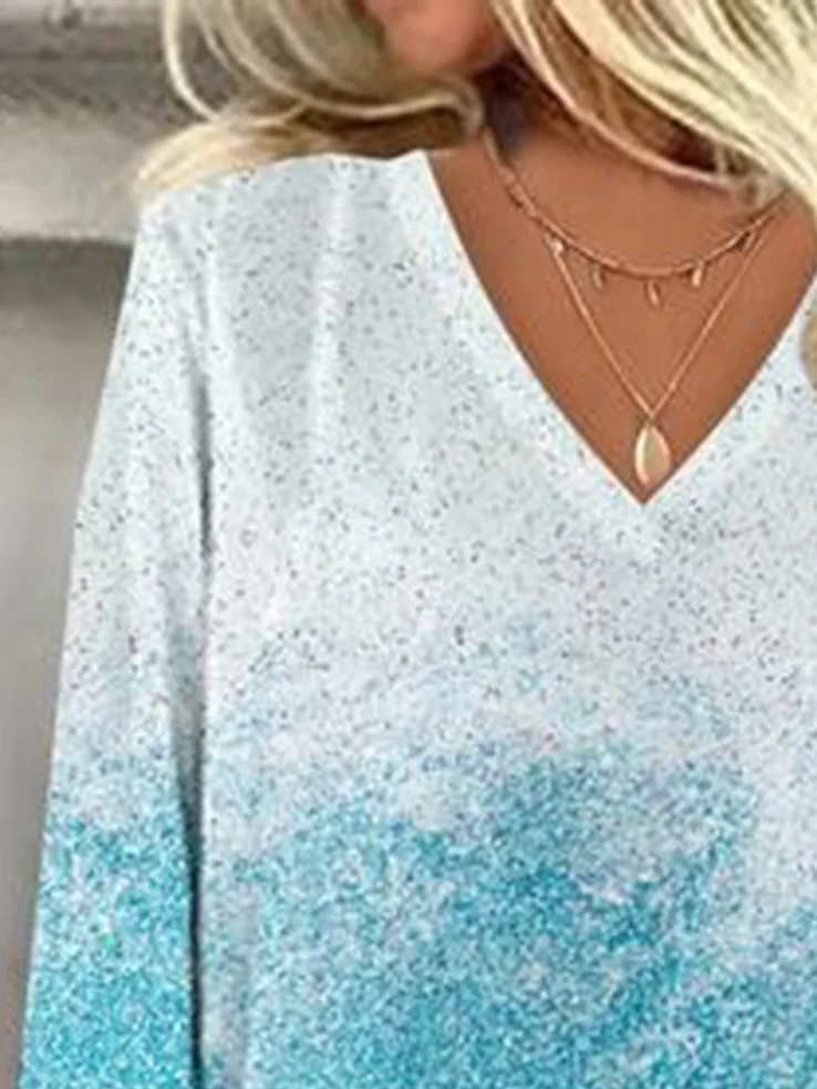 Women's Three Quarter Sleeve Blouse Spring/Fall Ombre V Neck Daily Going Out Casual Top