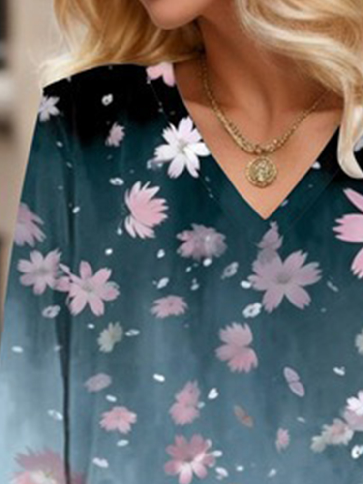 Women's Three Quarter Sleeve Blouse Spring/Fall Floral V Neck Daily Going Out Casual Top