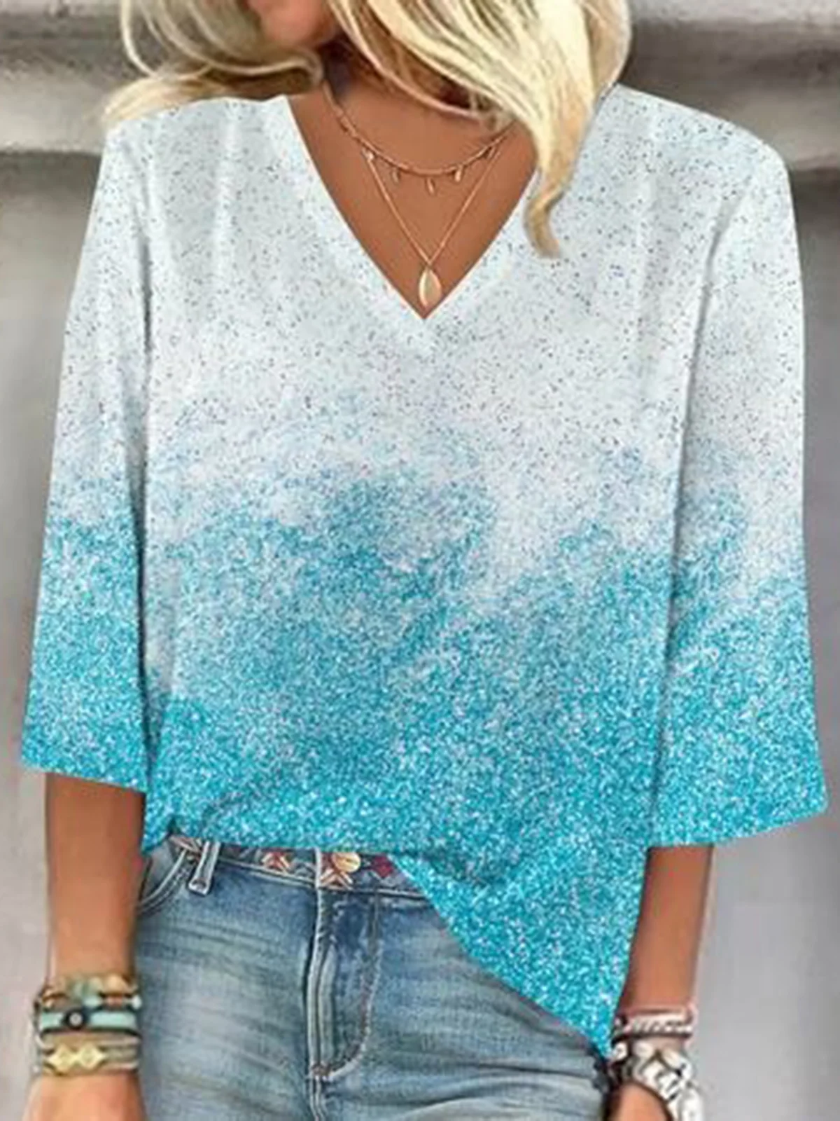 Women's Three Quarter Sleeve Blouse Spring/Fall Ombre V Neck Daily Going Out Casual Top