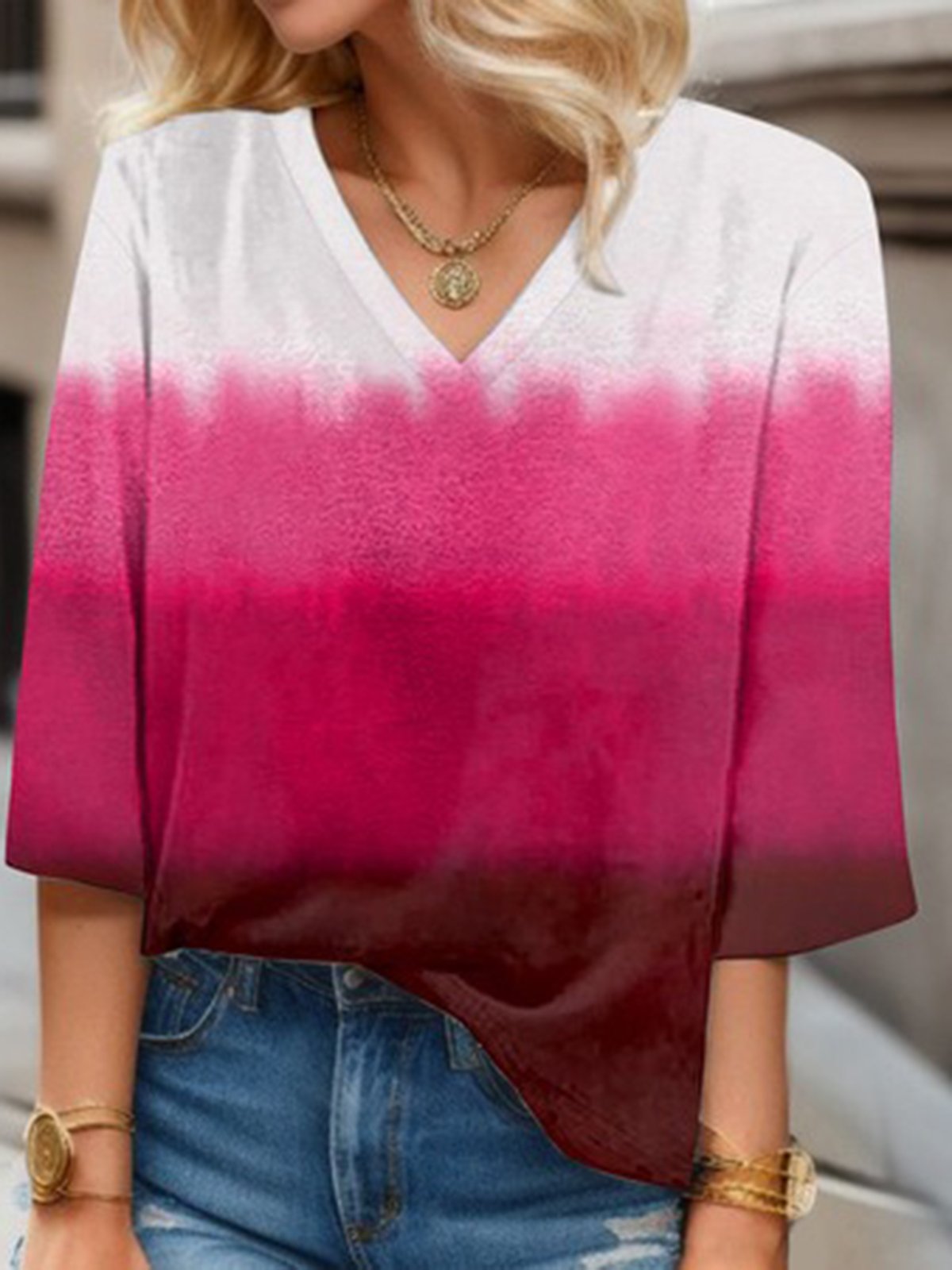 Women's Three Quarter Sleeve Blouse Spring/Fall Ombre V Neck Daily Going Out Casual Top