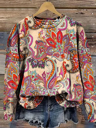 Women's Crew Neck Ethnic Casual Spring/Fall Long Sleeve Sweatshirt