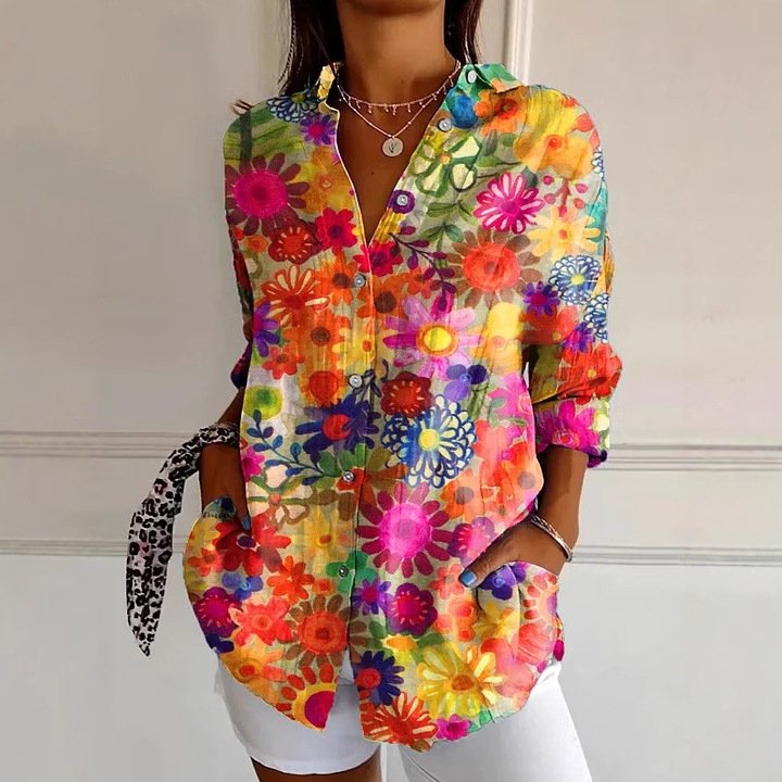 Women's Long Sleeve Shirt Spring/Fall Floral Shirt Collar Daily Going Out Casual Top