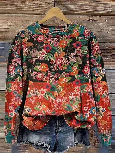 Women's Crew Neck Ethnic Casual Spring/Fall Long Sleeve Sweatshirt