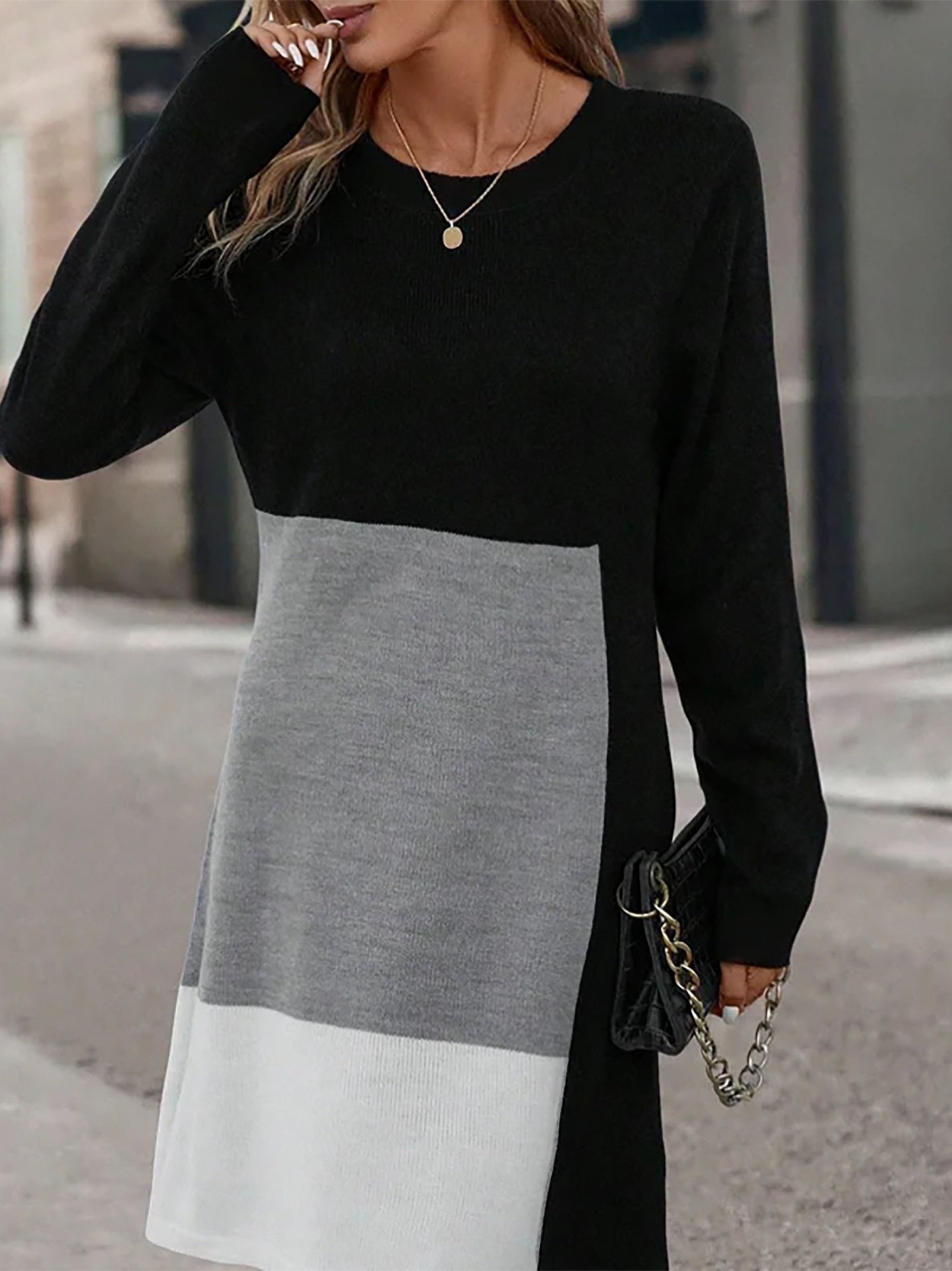 Women's Long Sleeve Spring/Fall Multicolor Block Dress Crew Neck Daily Going Out Casual Midi T-Shirt Dress H-Line Dress