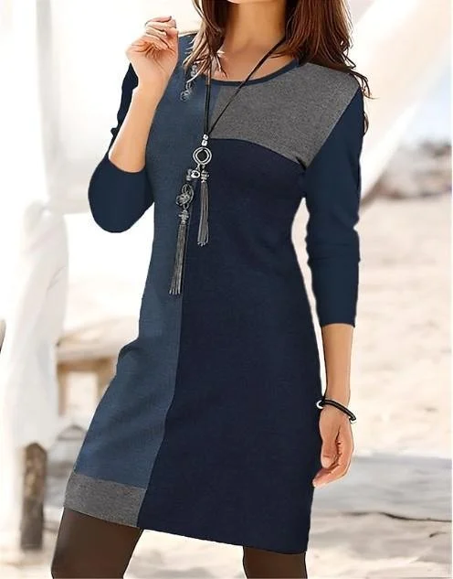 Women's Long Sleeve Spring/Fall Multicolor Block Dress Crew Neck Daily Going Out Casual Midi T-Shirt Dress H-Line Dress