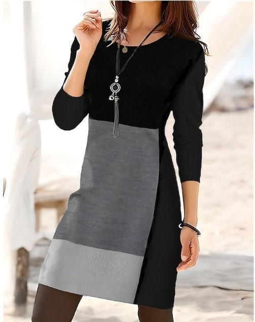 Women's Long Sleeve Spring/Fall Multicolor Block Dress Crew Neck Daily Going Out Casual Midi T-Shirt Dress H-Line Dress