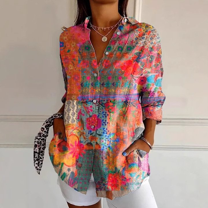 Women's Long Sleeve Shirt Spring/Fall Floral Shirt Collar Daily Going Out Casual Top