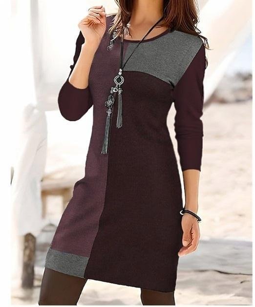 Women's Long Sleeve Spring/Fall Multicolor Block Dress Crew Neck Daily Going Out Casual Midi T-Shirt Dress H-Line Dress