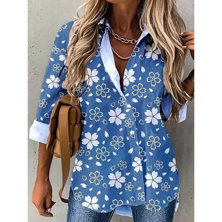 Women's Long Sleeve Shirt Spring/Fall Floral Shirt Collar Daily Going Out Casual Top