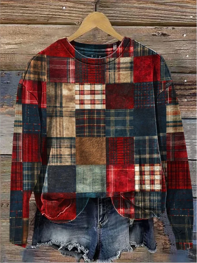 Women's Crew Neck Plaid Vintage Spring/Fall Long Sleeve Sweatshirt