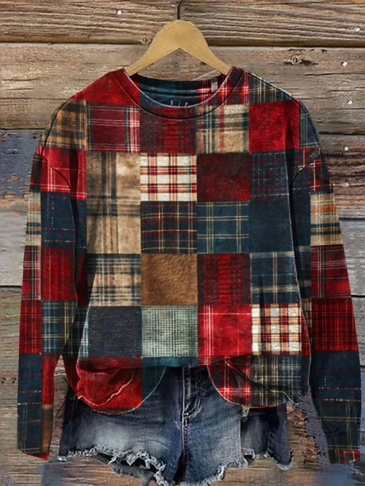 Women's Crew Neck Plaid Vintage Spring/Fall Long Sleeve Sweatshirt