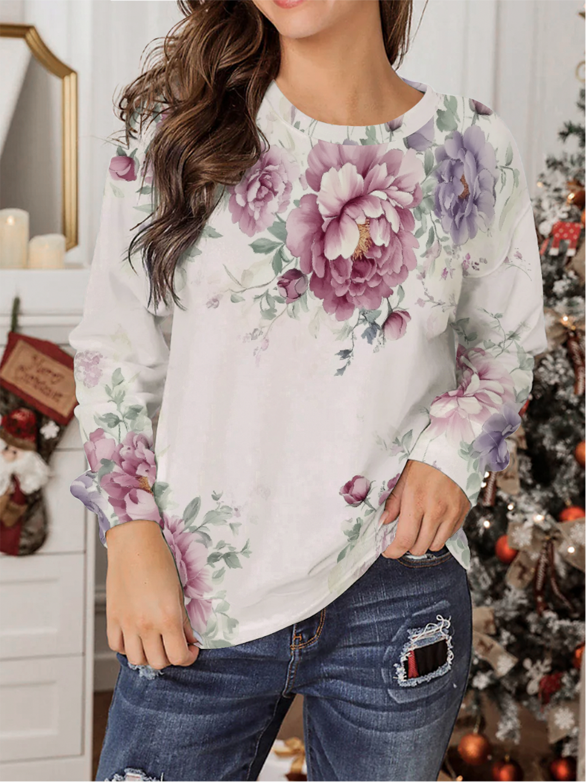 Women's Crew Neck Floral Casual Spring/Fall Long Sleeve Sweatshirt