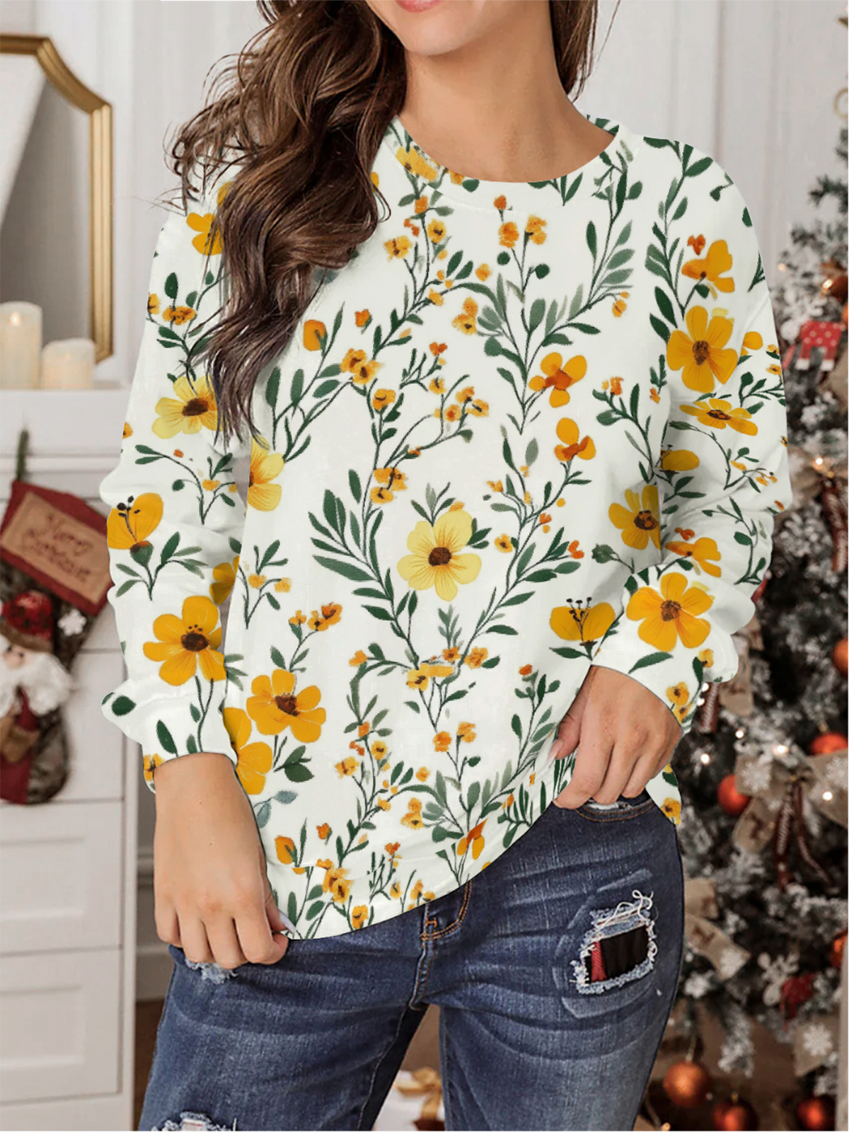 Women's Crew Neck Floral Casual Spring/Fall Long Sleeve Sweatshirt