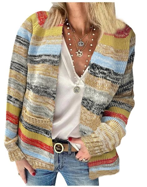 Women's Casual Spring/Fall Multicolor Block Yarn/Wool Yarn Cardigan