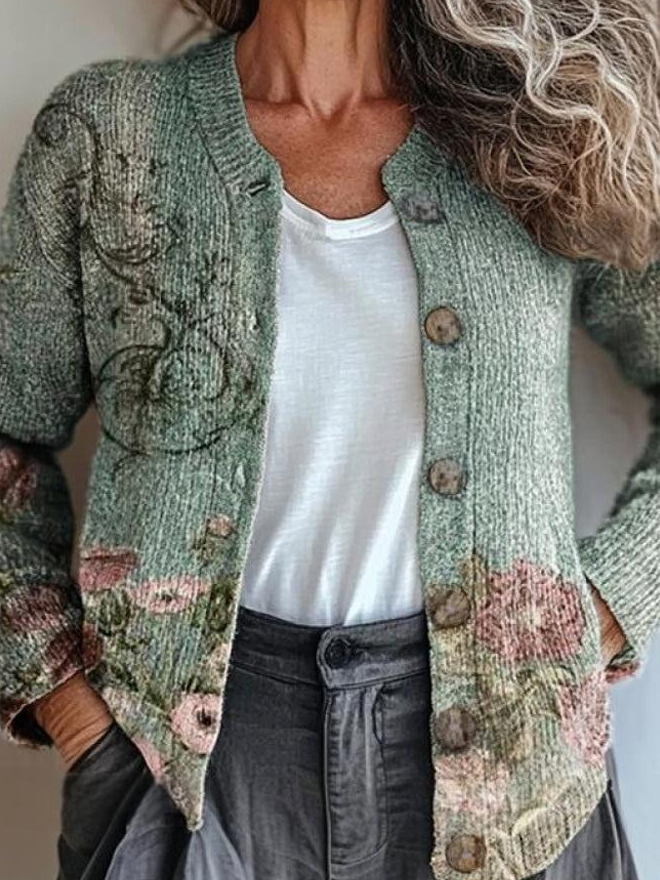 Women's Floral Casual Spring/Fall Knitted Cardigan