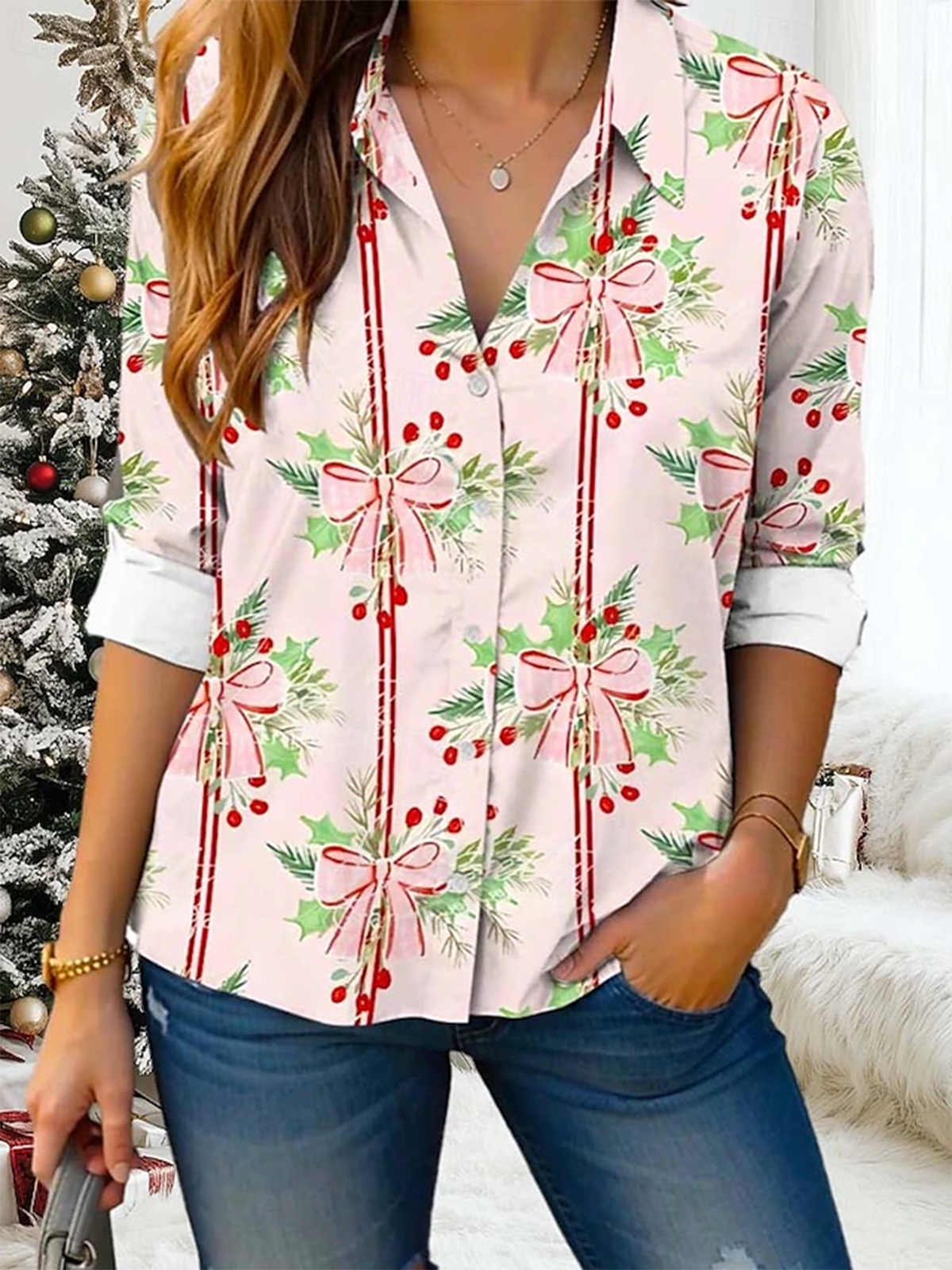 Women's Long Sleeve Shirt Spring/Fall Christmas Shirt Collar Daily Going Out Casual Top