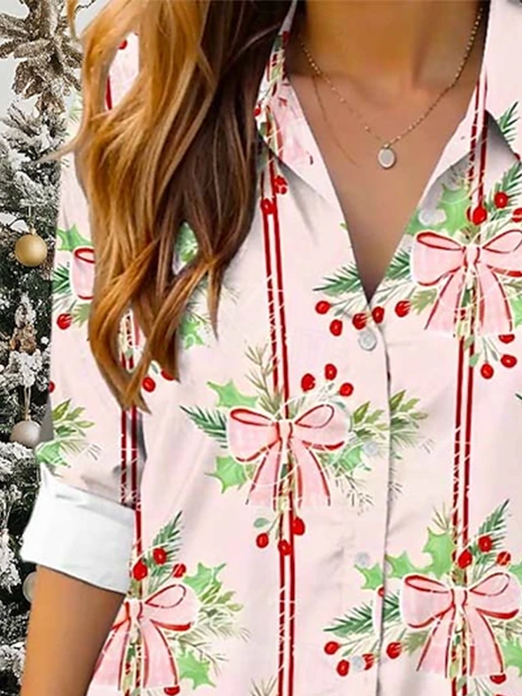 Women's Long Sleeve Shirt Spring/Fall Christmas Shirt Collar Daily Going Out Casual Top