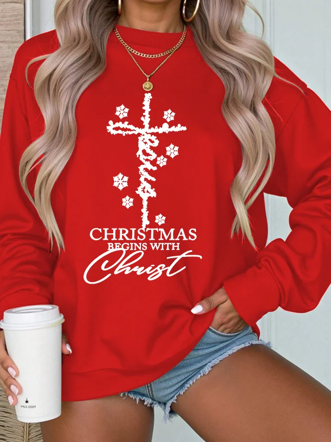 Women's Christmas Crew Neck Text Letters Casual Spring/Fall Long Sleeve Sweatshirt