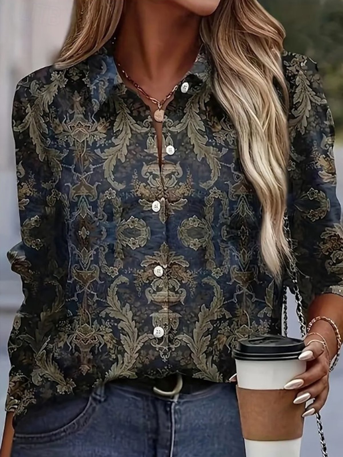 Women's Long Sleeve Shirt Spring/Fall Ethnic Shirt Collar Daily Going Out Casual Top