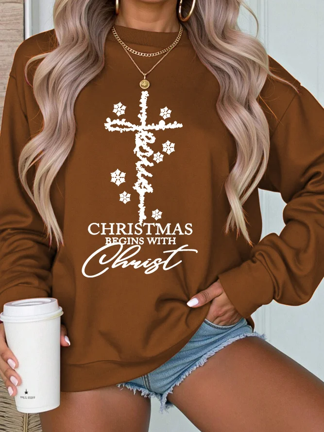 Women's Christmas Crew Neck Text Letters Casual Spring/Fall Long Sleeve Sweatshirt