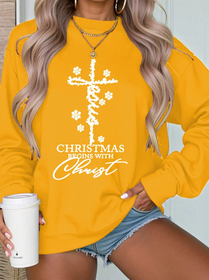 Women's Christmas Crew Neck Text Letters Casual Spring/Fall Long Sleeve Sweatshirt