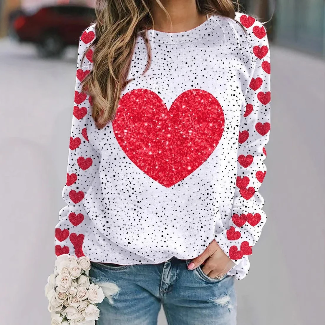 Women's Valentine's Day Love Heart Graphic Print Long Sleeve Crew Neck Sweatshirt