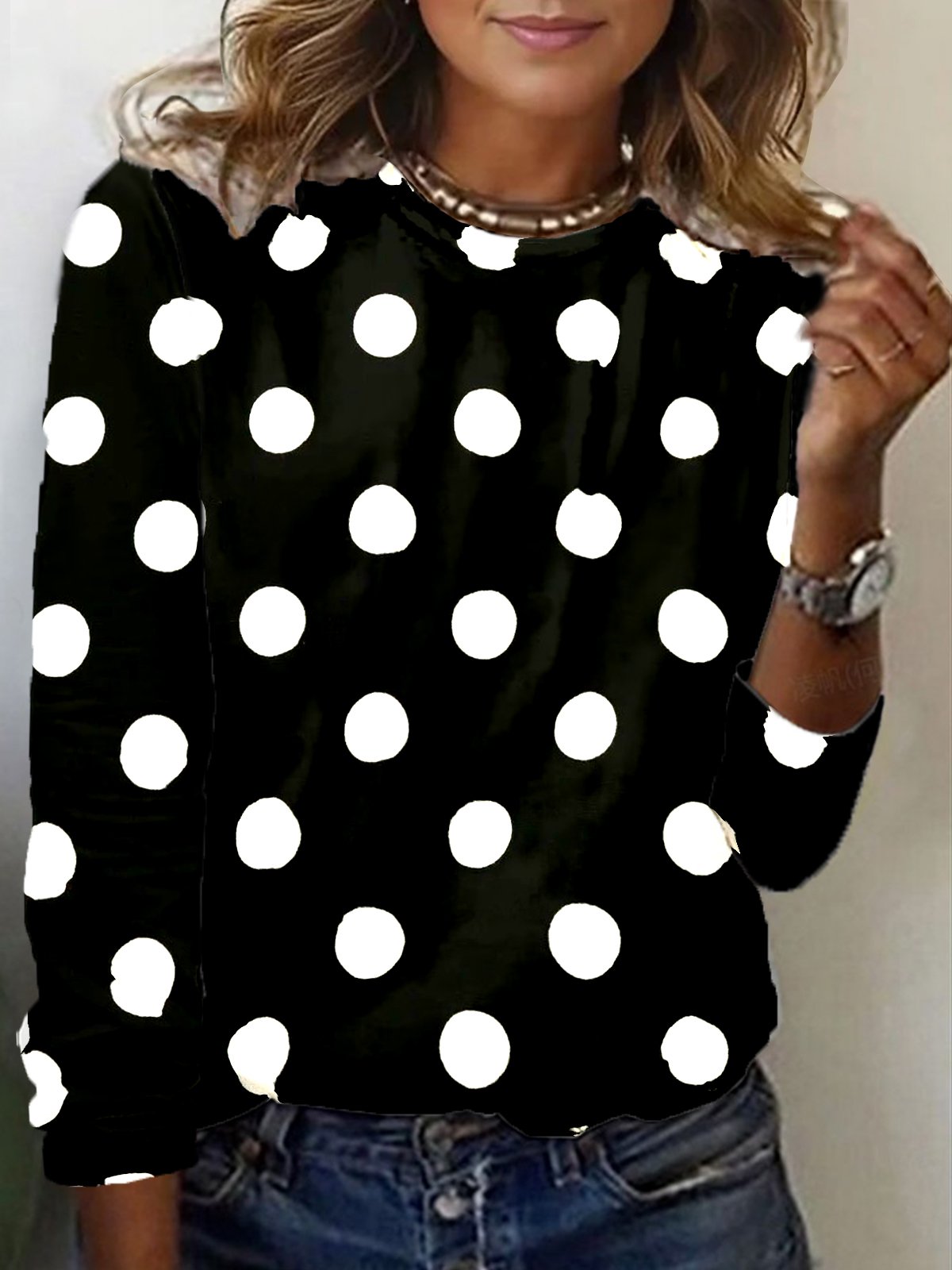 Women's Long Sleeve Tee T-shirt Spring/Fall Polka Dots Jersey Crew Neck Daily Going Out Casual Top