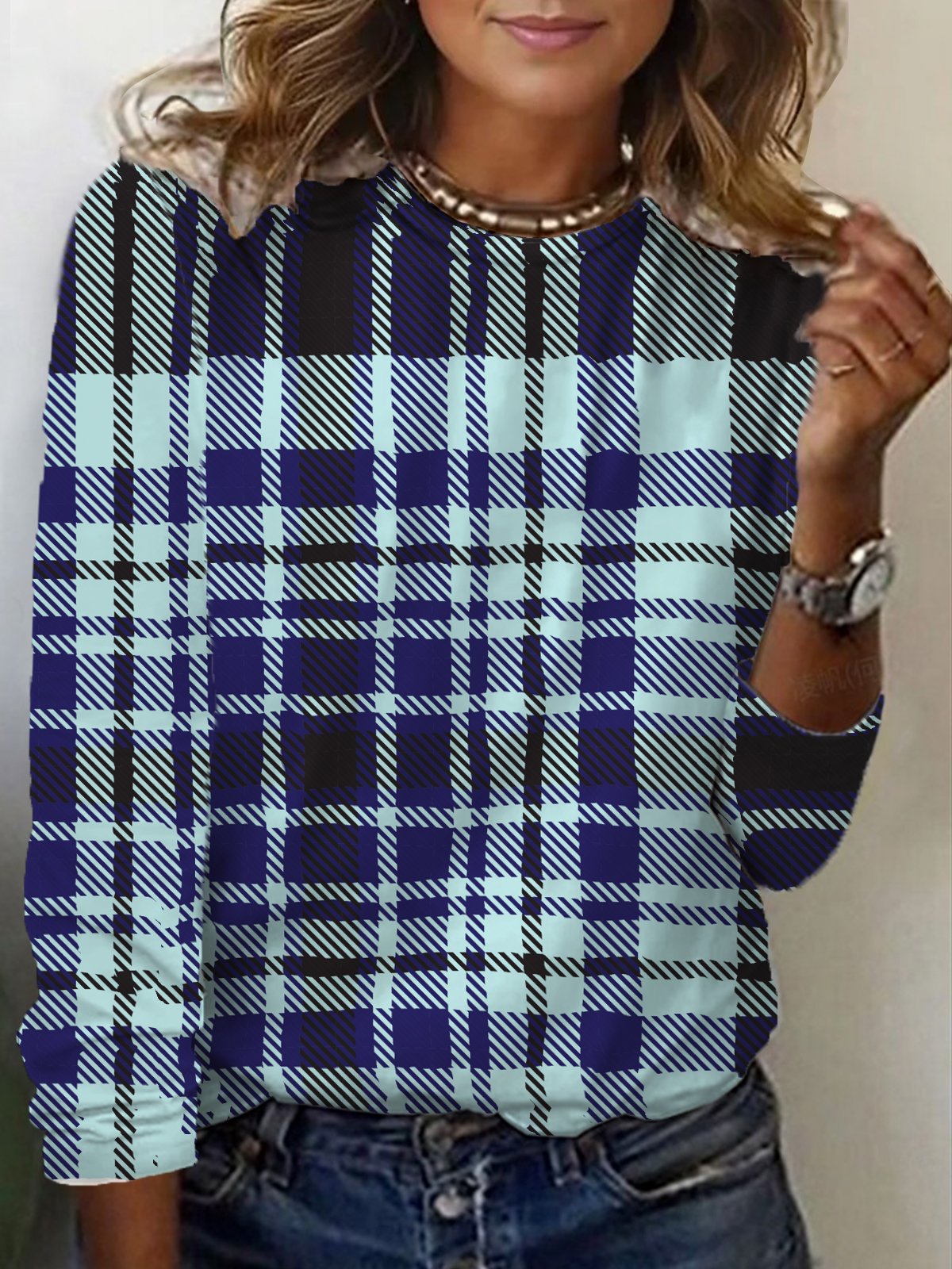 Women's Long Sleeve Tee T-shirt Spring/Fall Plaid Jersey Crew Neck Daily Going Out Casual Top