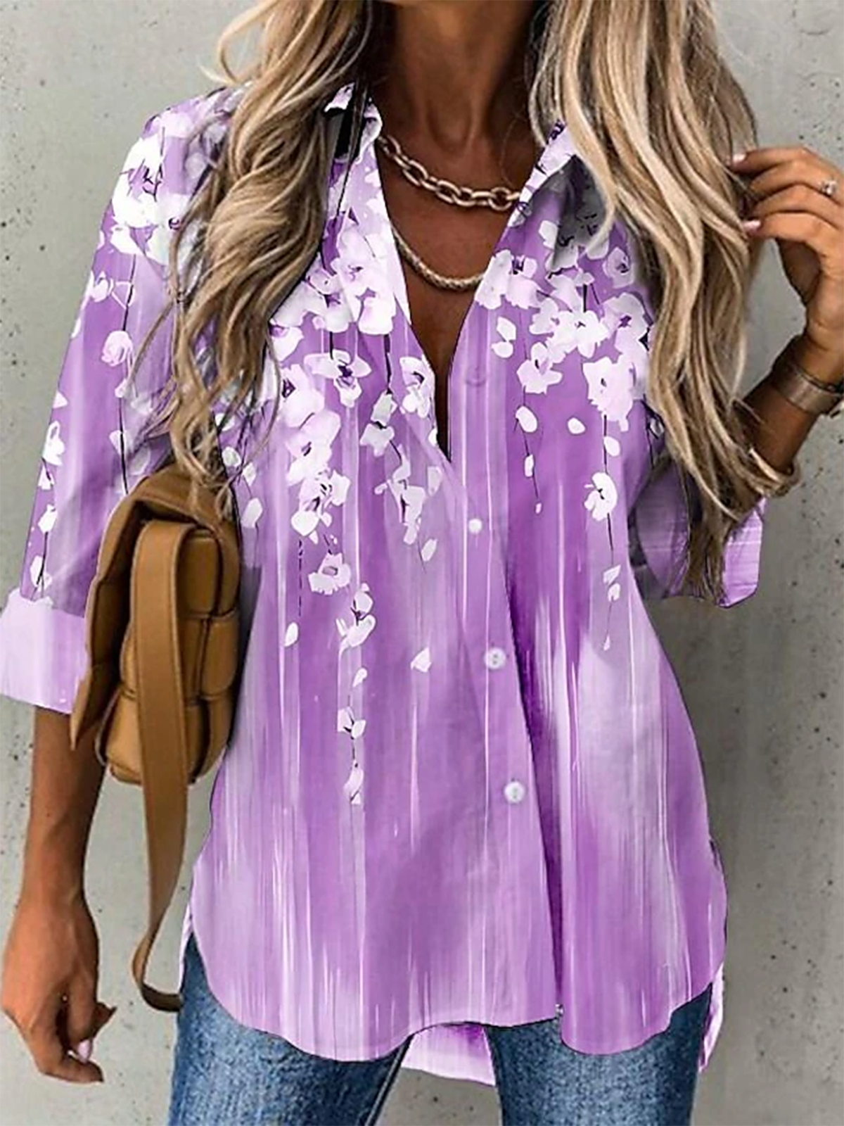 Women's Long Sleeve Shirt Spring/Fall Floral Shirt Collar Daily Going Out Casual Top