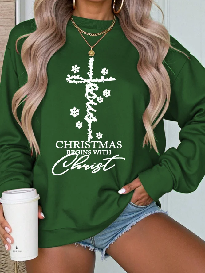 Women's Christmas Crew Neck Text Letters Casual Spring/Fall Long Sleeve Sweatshirt