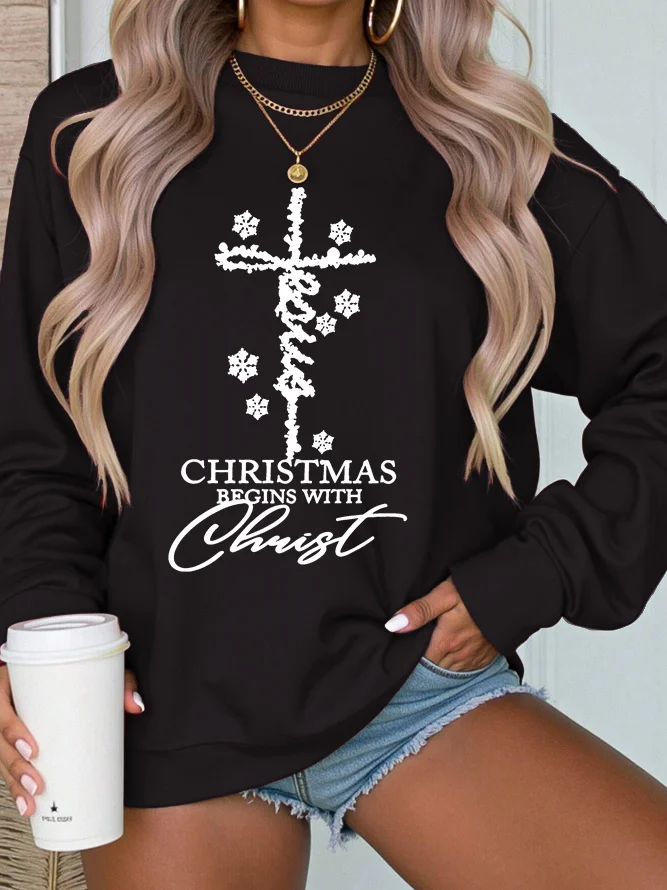 Women's Christmas Crew Neck Text Letters Casual Spring/Fall Long Sleeve Sweatshirt