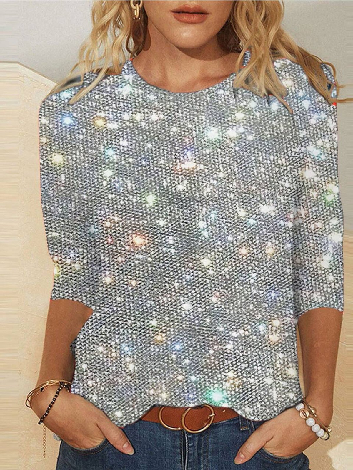 Women's Long Sleeve Tee T-shirt Spring/Fall Geometric Glitter Crew Neck Daily Going Out Casual Top