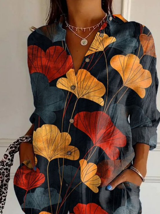 Women's Long Sleeve Shirt Spring/Fall Abstract Shirt Collar Daily Going Out Casual Floral Top