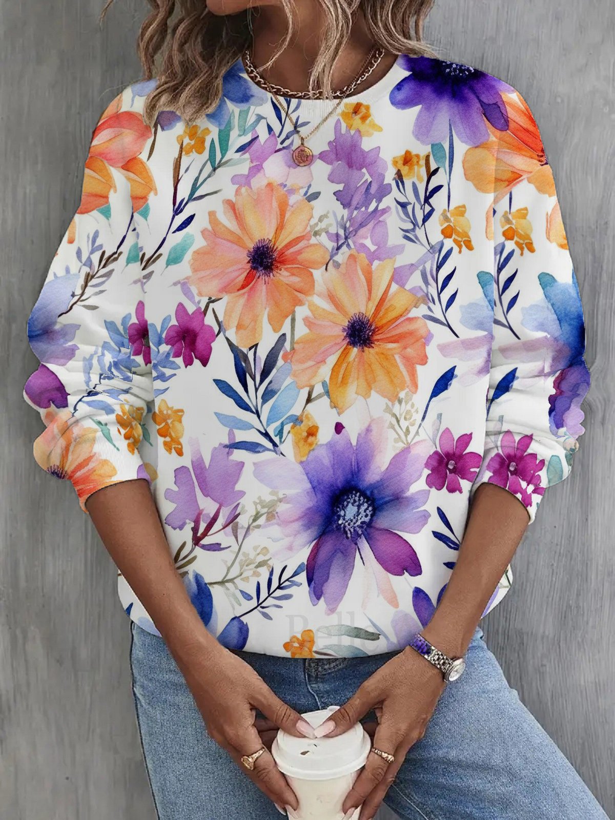 Women's Crew Neck Floral Pattern Casual Spring/Fall Cotton Long Sleeve Sweatshirt