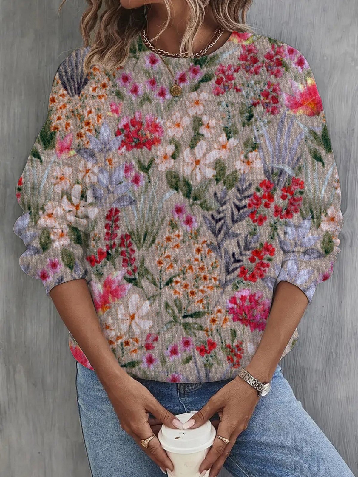 Women's Crew Neck Floral Casual Spring/Fall Cotton Long Sleeve Sweatshirt