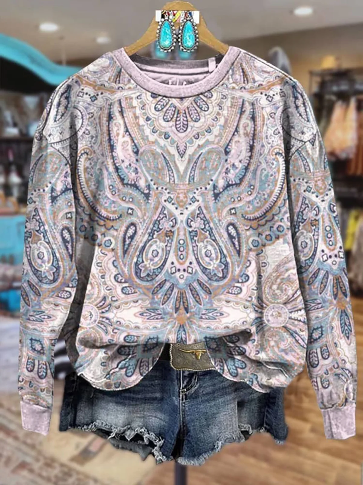 Women's Crew Neck Ethnic Casual Spring/Fall Long Sleeve Sweatshirt