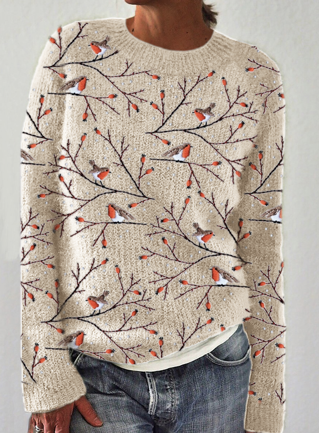 Women's Spring/Fall Animal Casual Long Sleeve Crew Neck Wool/Knitting Floral Sweater