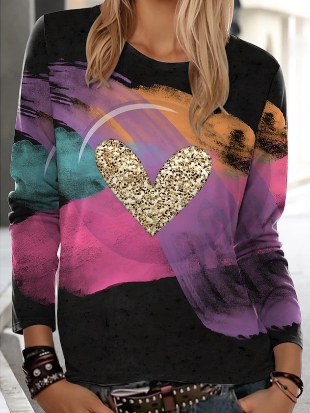 Women's Valentine's Day Love Hear Print Graphic Long Sleeve Crew Neck T-shirt