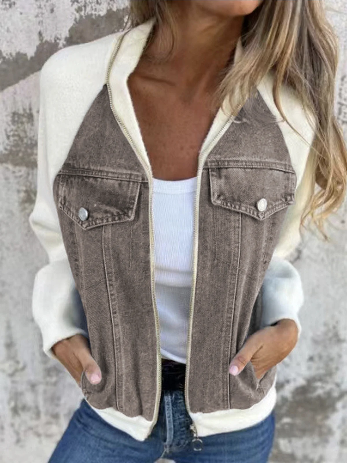 Women's Spring/Fall Outerwear Casual Denim Zipper Contrast Stitching Long Sleeve Shawl Collar Jacket