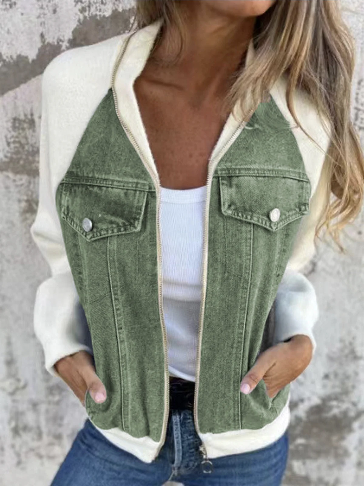 Women's Spring/Fall Outerwear Casual Denim Zipper Contrast Stitching Long Sleeve Shawl Collar Jacket