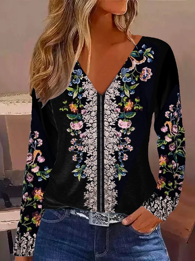 Women's Long Sleeve Tee T-shirt Spring/Fall Floral Jersey V Neck Daily Going Out Casual Top