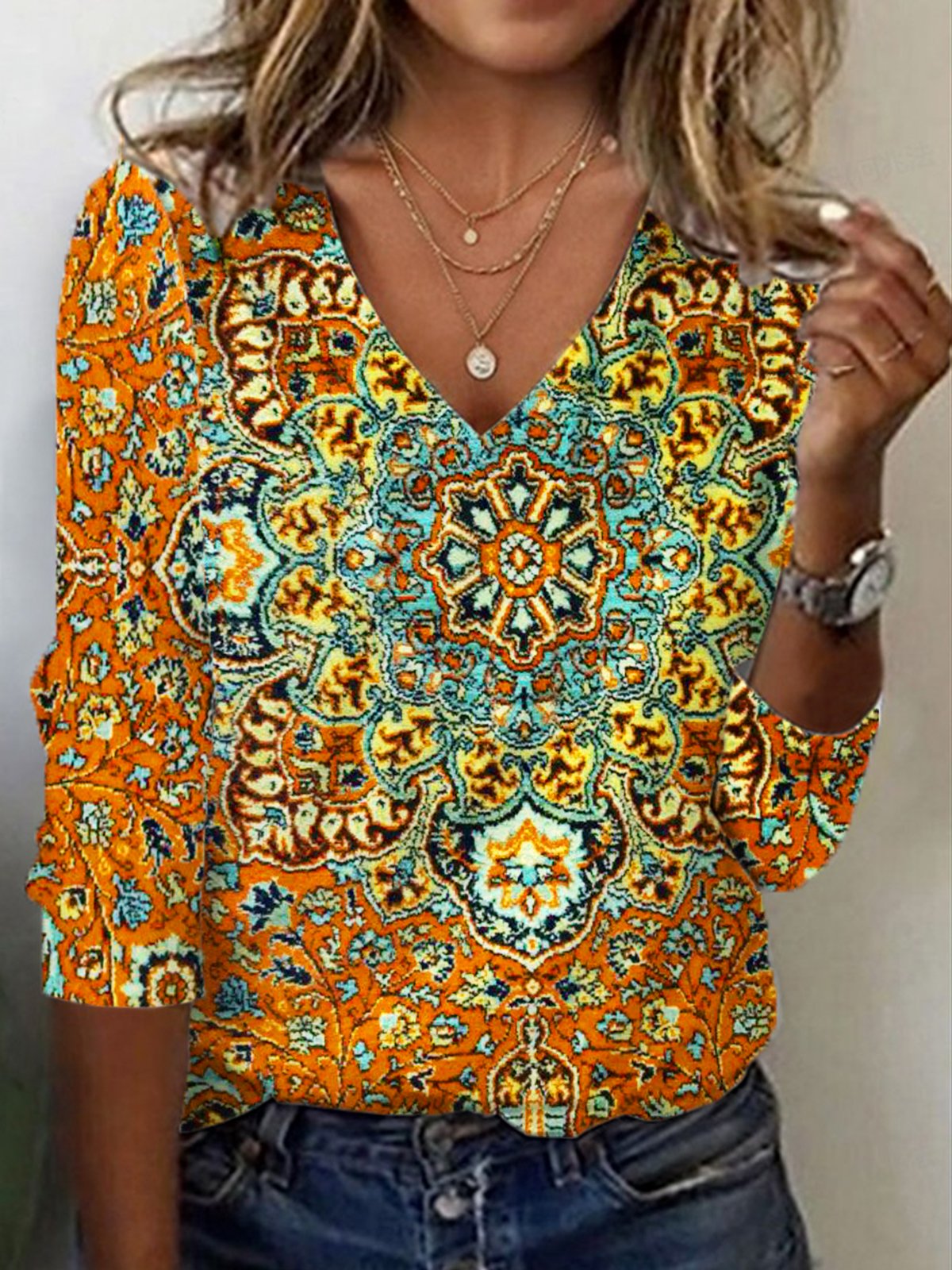 Women's Long Sleeve Tee T-shirt Spring/Fall Ethnic Jersey V Neck Holiday Going Out Casual Top